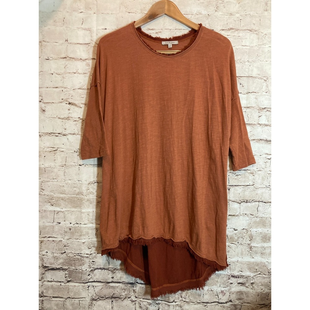 Jess & Jane‎ Top Womens Small Rust Brown Hi Low Frayed Hem Edges Lagenlook Artsy
